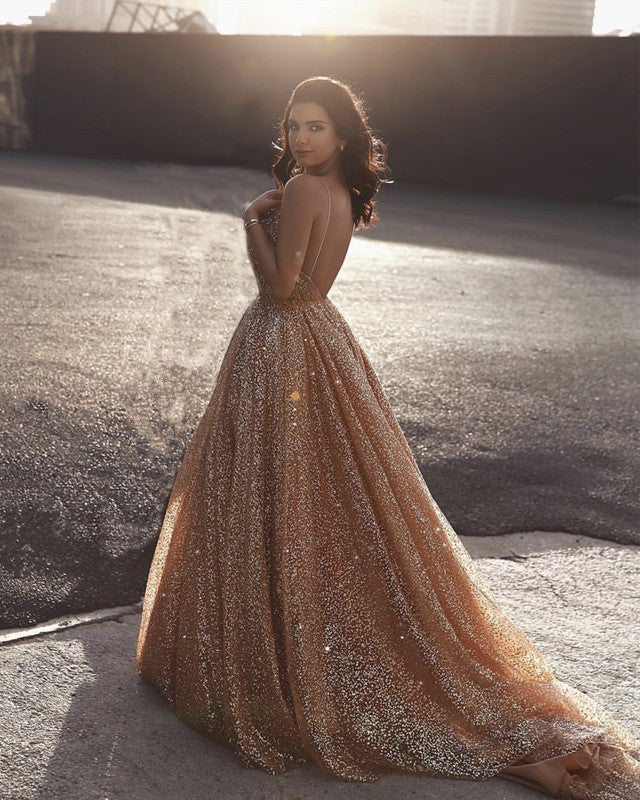 Sparkly Long Gold Tulle Prom Dress With Keyhold Back - $120.9816 #MYS69099  