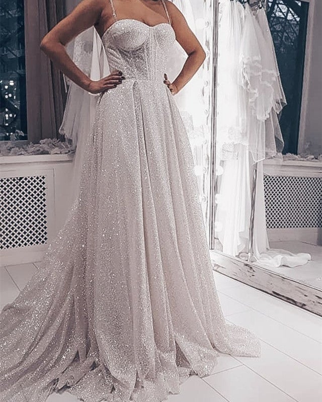 Glitter Tulle Sweetheart Wedding Dress With Straps