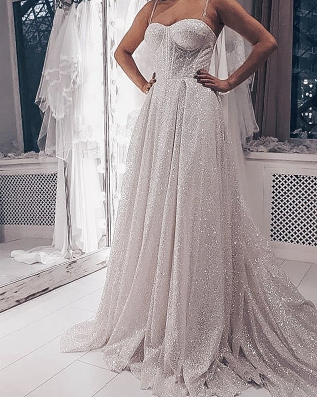 Glitter Tulle Sweetheart Wedding Dress With Straps-alinanova