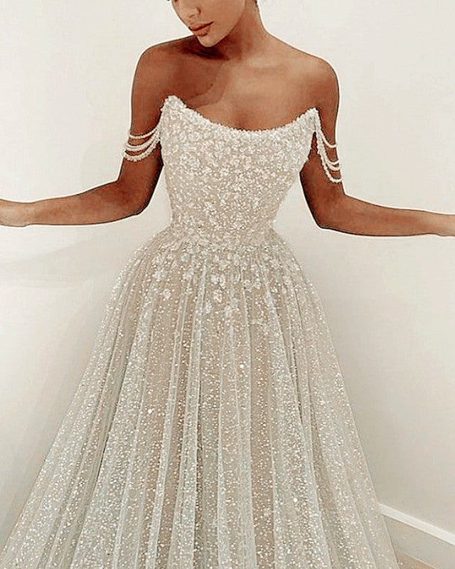 Glitter Tulle Wedding Dress A-line Off Shoulder