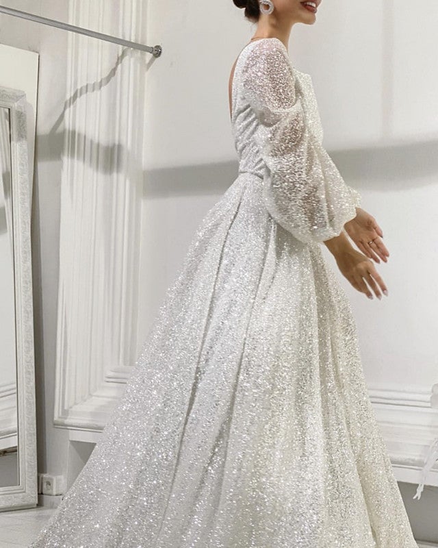 Glitter Tulle Wedding Dress Puffy Sleeves Open Back – alinanova