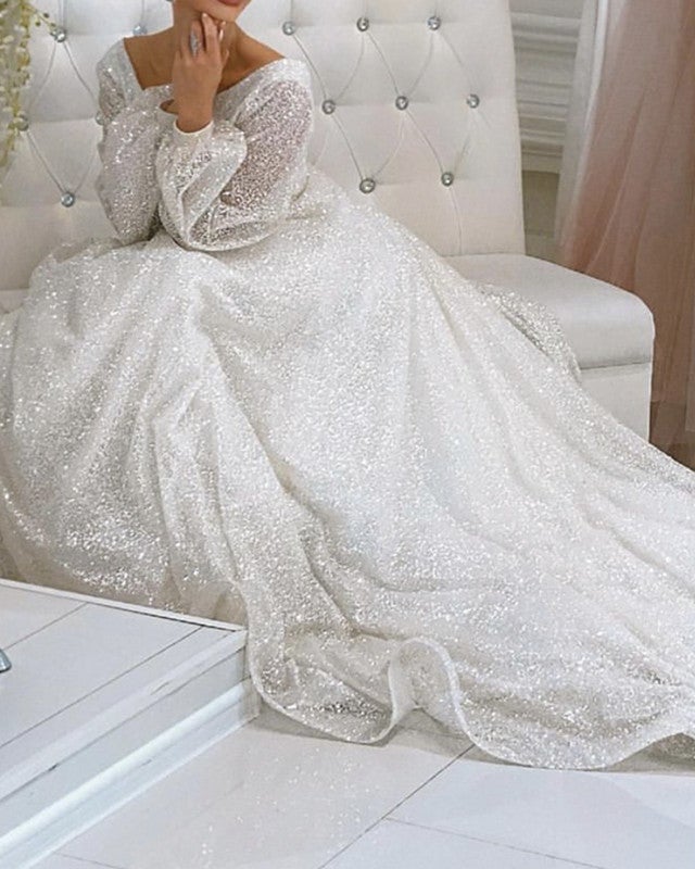 Glitter Tulle Wedding Dress Puffy Sleeves Open Back Glitter Tulle Wedding Dress Puffy Sleeves Open Back