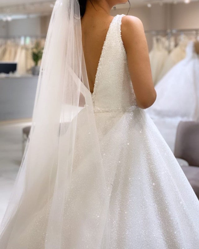Glitter Tulle Wedding Dresses V Neck Ball Gown Glitter Tulle Wedding Dresses V Neck Ball Gown