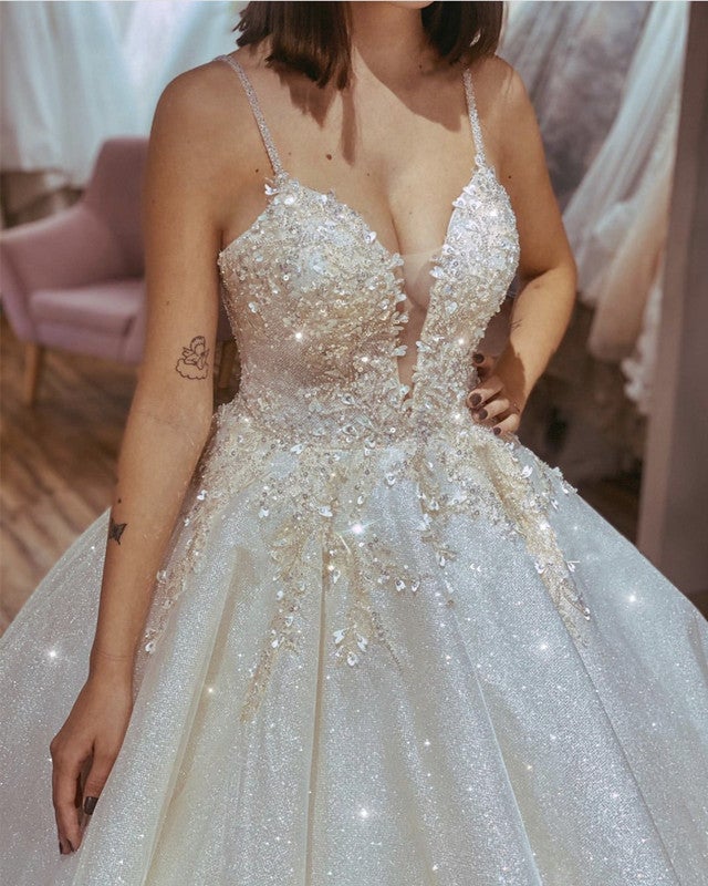 Glitter Wedding Dress Ball Gown V Neck Lace Embroidery Glitter Wedding Dress Ball Gown V Neck Lace Embroidery
