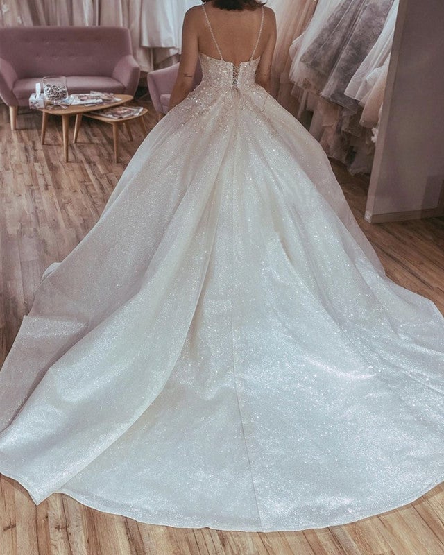 stencil sequin lightweight ball gown wedding dress A Line Backless V Neck Sequins Ivory Beach Wedding Dress WD294 US12 / Custom Color