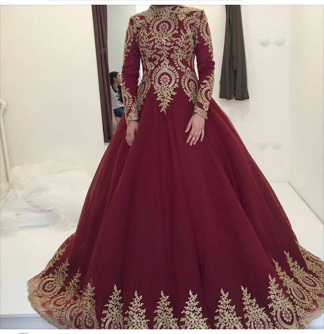 Gold Lace Appliques Burgundy Wedding Ball Gowns Dresses For Arabic Women Gold Lace Appliques Burgundy Wedding Ball Gowns Dresses For Arabic Women