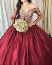 Load image into Gallery viewer, 8302 Quinceanera Dresses Burgundy Ball Gown Gold Lace Appliques
