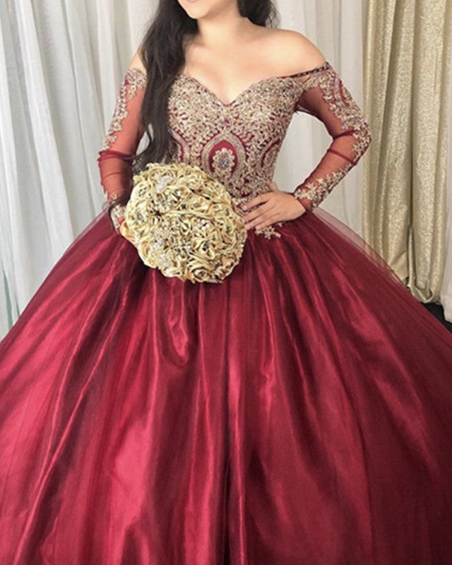 Gold Lace Appliques Long Sleeves Quinceanera Dresses Ball Gowns