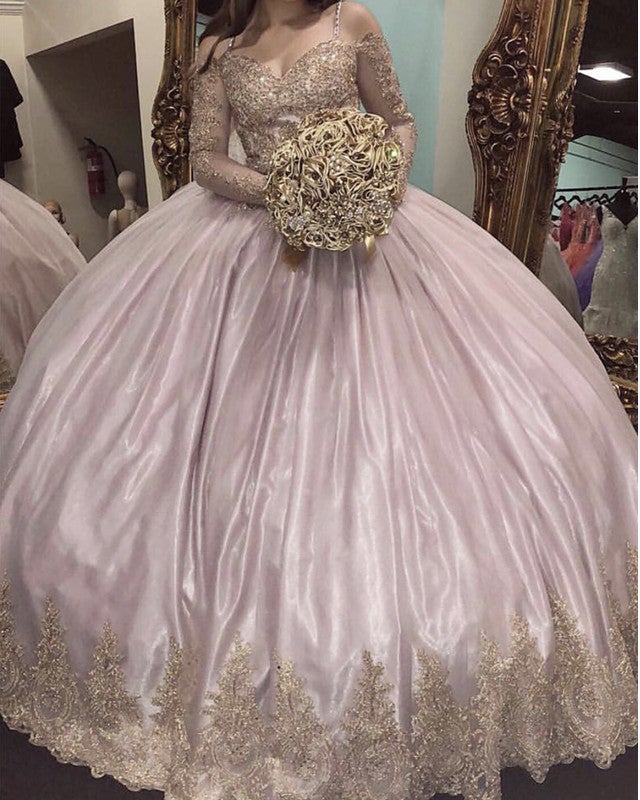 8302 Quinceanera Dresses Pink Ball Gown Lace Long Sleeves