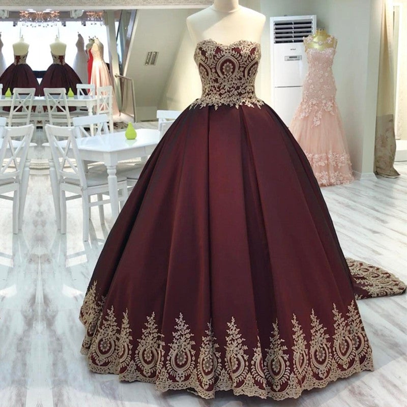 Gold Lace Edge Sweetheart Wine Red Ball Gowns