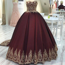 Load image into Gallery viewer, Gold Lace Edge Sweetheart Wine Red Ball Gowns
