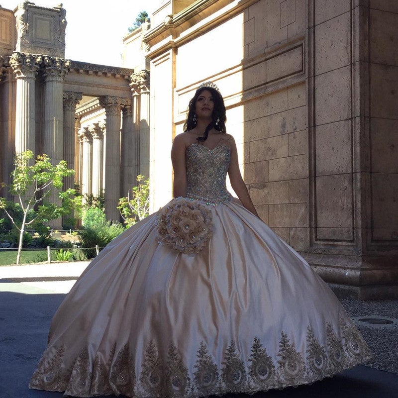 Gold Lace Embroidery Sweetheart Satin Ball Gowns Quinceanera Dresses alinanova Gold Lace Embroidery Sweetheart Satin Ball Gowns Quinceanera Dresses alinanova