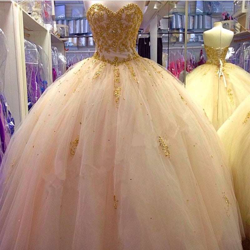 sweet 15 dresses gold and white Shiny White Quinceanera Dresses Gold Lace Applique Train Sweet 16 Long Ball Gown