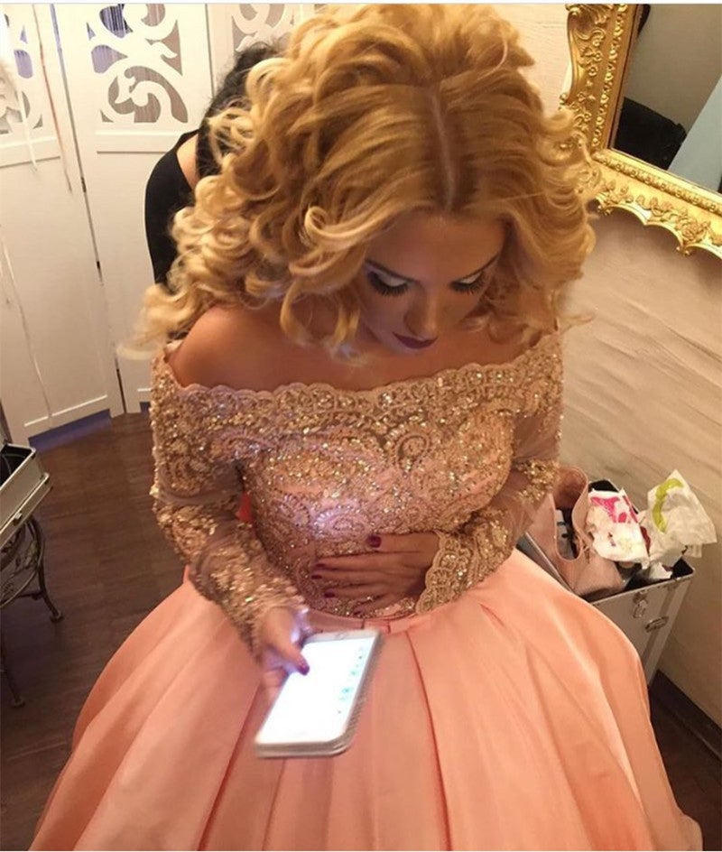 Gold Lace Long Sleeves Pink Satin Bow Back Wedding Dresses Ball Gowns Gold Lace Long Sleeves Pink Satin Bow Back Wedding Dresses Ball Gowns