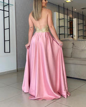Load image into Gallery viewer, Gold Lace Satin Prom Dresses High Split V Neck
