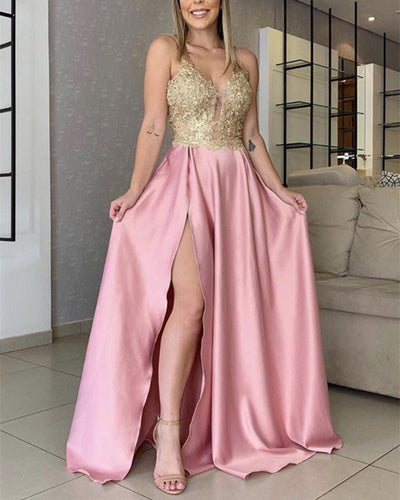 Gold Lace Satin Prom Dresses High Split V Neck-alinanova