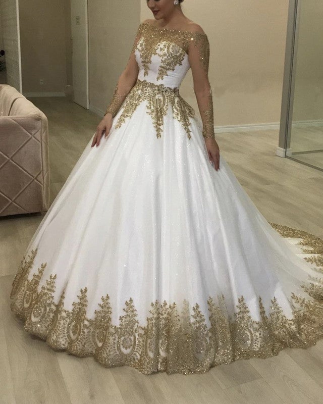 gold and white wedding dress with sleeves 18 Gold Wedding Gowns For Bride Who Wants To Shine