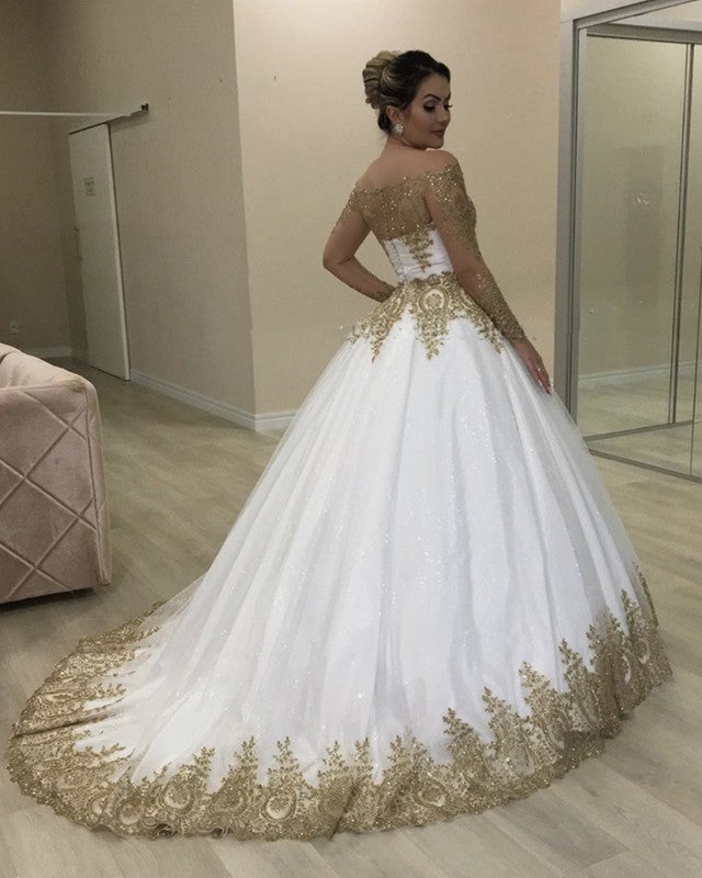 Gold Lace Wedding Dress Long Sleeves Ball Gown