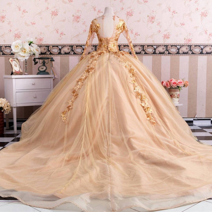 Gold Long Sleeves Wedding Dresses Ball Gowns Lace Embroidery Gold Long Sleeves Wedding Dresses Ball Gowns Lace Embroidery