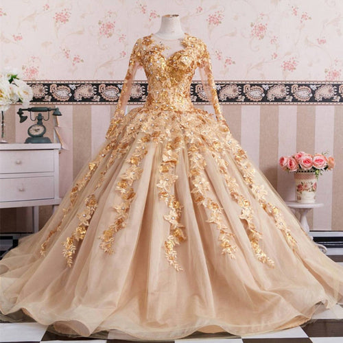 Gold Wedding Dresses Long Sleeves
