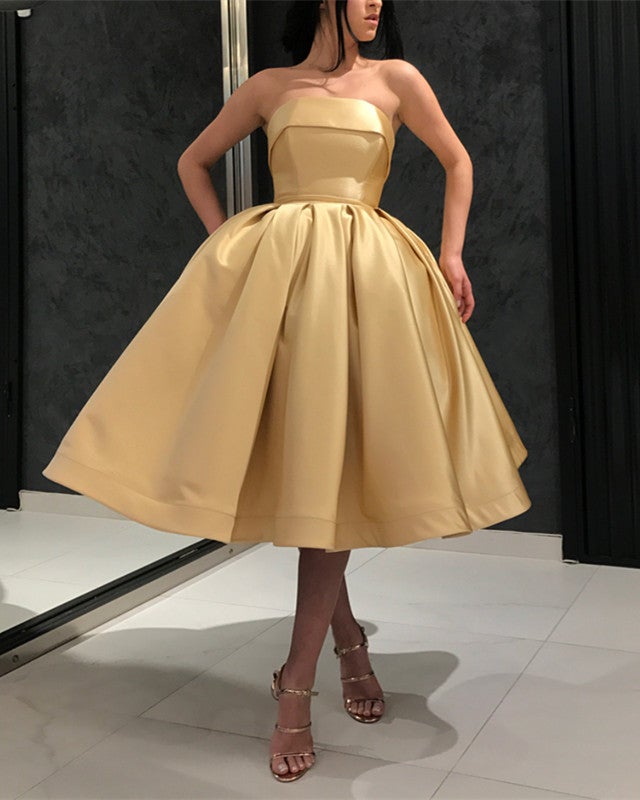 Gold Satin Strapless Ball Gowns Prom Dresses Knee Length Evening Dress