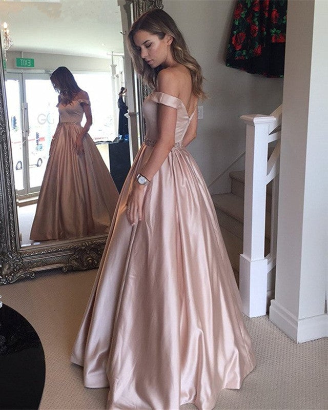 Gold Satin V Neck Long Prom Dresses Ball Gowns Off The Shoulder