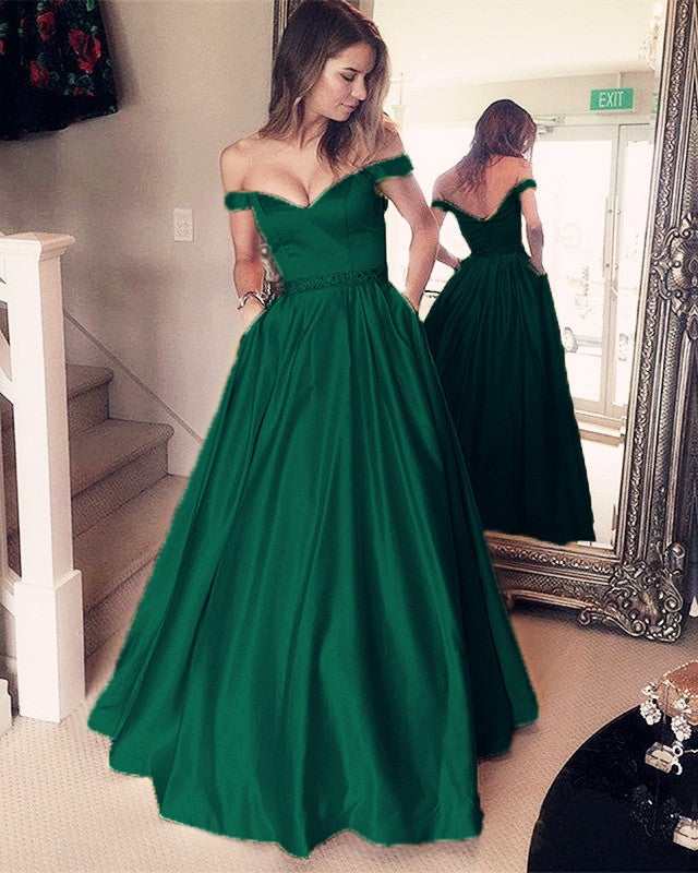 elegant v-neck off the shoulder long satin prom dresses Gold Satin V Neck Long Prom Dresses Ball Gowns Off The Shoulder