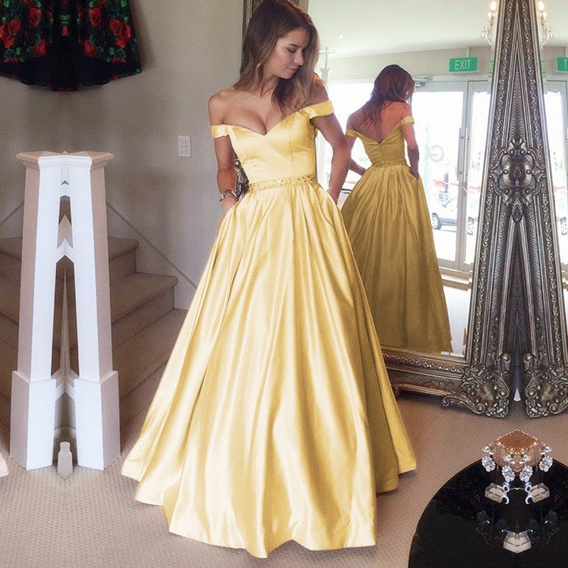 Long Gold Satin Prom Dresses V Neck Off The Shoulder Formal Gowns alinanova Long Gold Satin Prom Dresses V Neck Off The Shoulder Formal Gowns alinanova