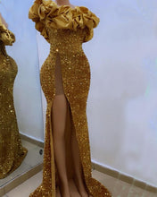 Load image into Gallery viewer, Gold Sequin Mermaid Strapless Split Prom Dresses-alinanova
