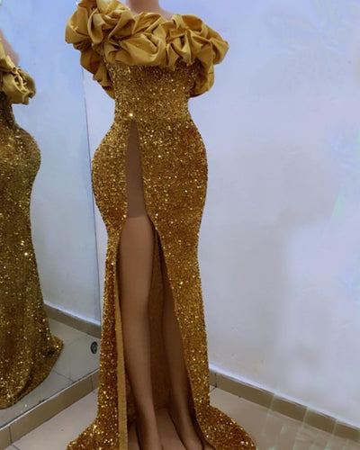 Gold Sequin Mermaid Strapless Split Prom Dresses-alinanova