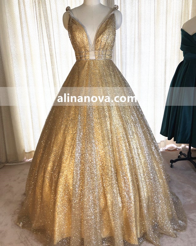 Gold Sequin Ball Gown Plunge Neck Quinceanera Dresses Gold Sequin Ball Gown Plunge Neck Quinceanera Dresses