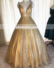 Load image into Gallery viewer, Gold Sequin Ball Gown Prom Dresses
