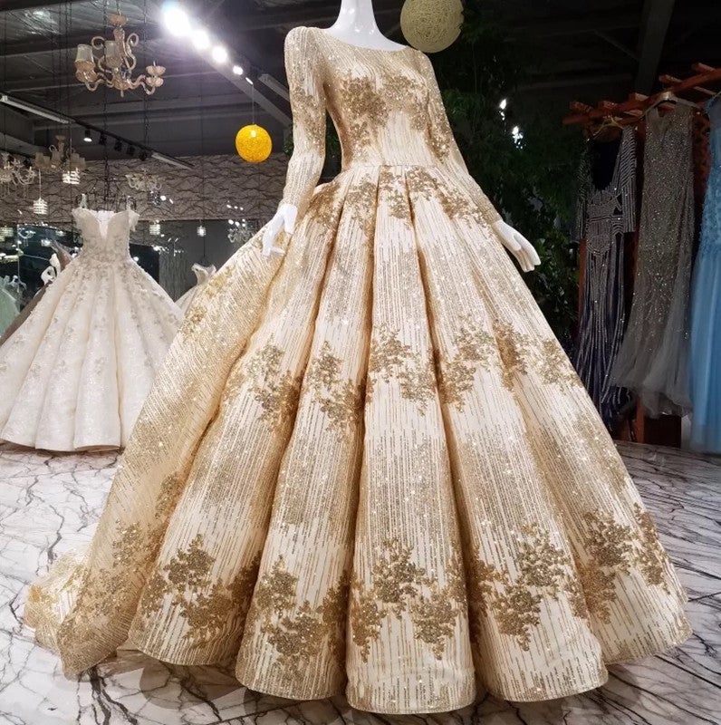 Gold Sequins Ball Gown Wedding Dresses Long Sleeves Open Back
