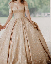 Load image into Gallery viewer, Gold Sequins Wedding Dress Ball Gown Off The Shoulder
