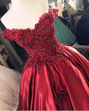 Load image into Gallery viewer, Gorgeous Beaded Lace V Neck Off Shoulder Long Burgundy Prom Dresses
