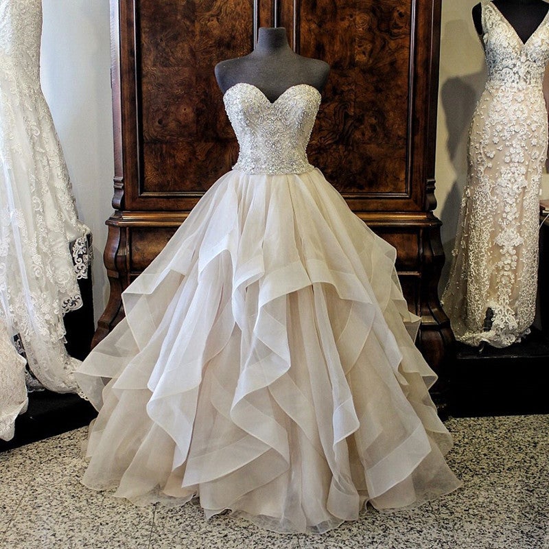 Gorgeous Embroidery Beading Sweetheart Organza Layered Wedding Ball Gown Dress-alinanova
