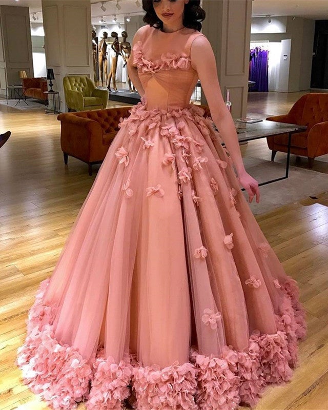 Pink-Wedding-Dresses-Ball-Gowns-Flowers-Beaded-Evening-Gowns