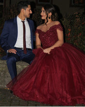 Load image into Gallery viewer, Gorgeous Lace Beaded Sheer Neckline Maroon Ball Gown Wedding Dresses
