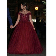 Load image into Gallery viewer, Gorgeous Lace Beaded Sheer Neckline Maroon Ball Gown Wedding Dresses-alinanova
