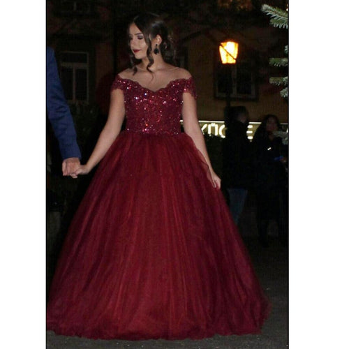 Gorgeous Lace Beaded Sheer Neckline Maroon Ball Gown Wedding Dresses-alinanova