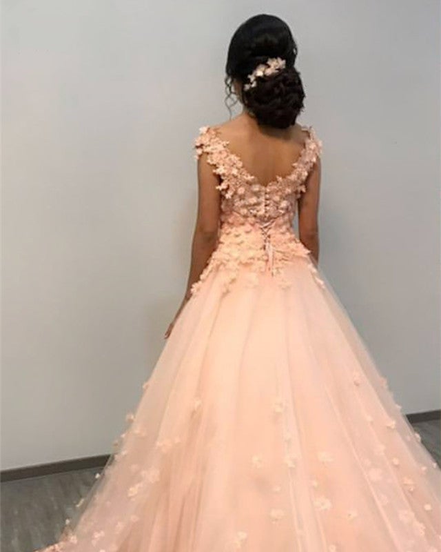 Gorgeous Lace Embroidery V-neck Off Shoulder Tulle Peach Wedding Dresses