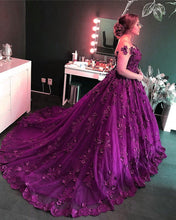 Load image into Gallery viewer, Purple-Lace-Wedding-Dresses-Ball-Gowns
