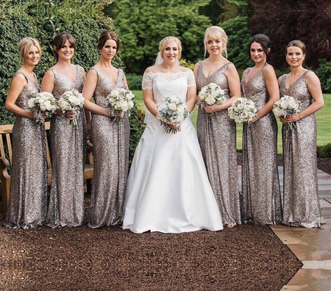 Gray Sequins V neck Long Mermaid Bridesmaid Dresses alinanova