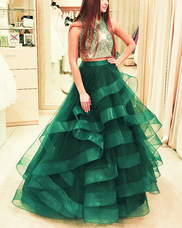 Satin Simple 2 Piece Green Ball Gown Evening Prom Dresses With Pocket –  Laurafashionshop