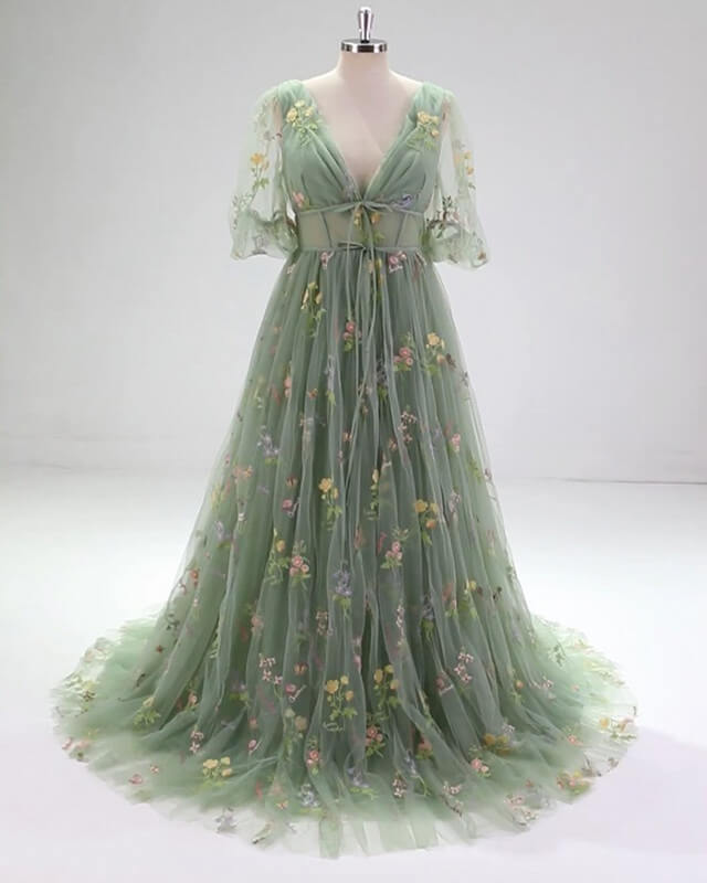Green Cottagecore Prom Dress