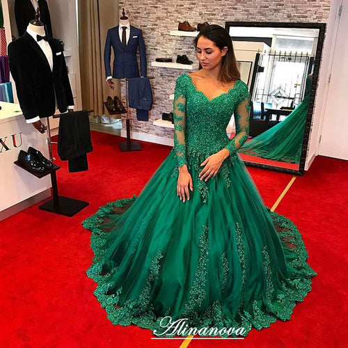 Green Lace Appliques Long Sleeves V Neck Ball Gowns Wedding Dresses-alinanova