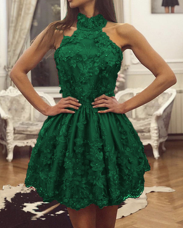 Elegant Halter Lace Homecoming Dresses Open Back  alinanova