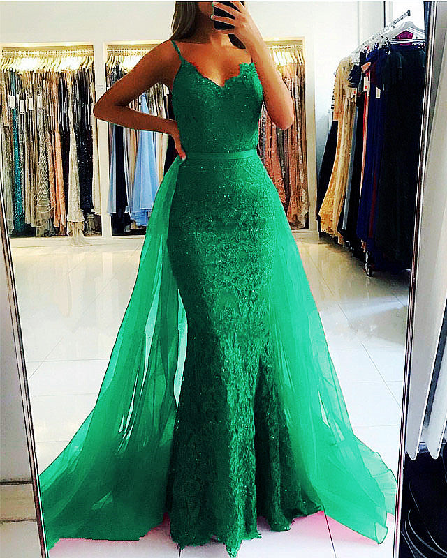 Green Lace Mermaid Dress Removable Skirt