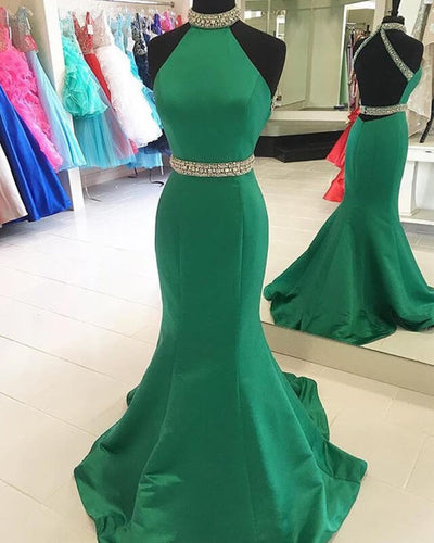 Green Mermaid Halter Prom Dresses Satin Open Back-alinanova