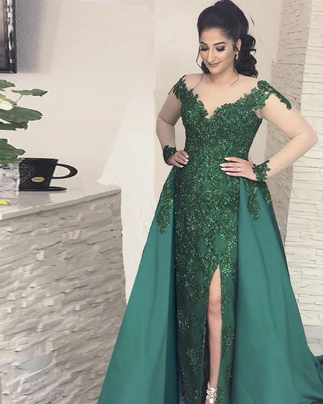Emerald Green Mermaid Prom Dresses Long Sleeves Satin Split – alinanova